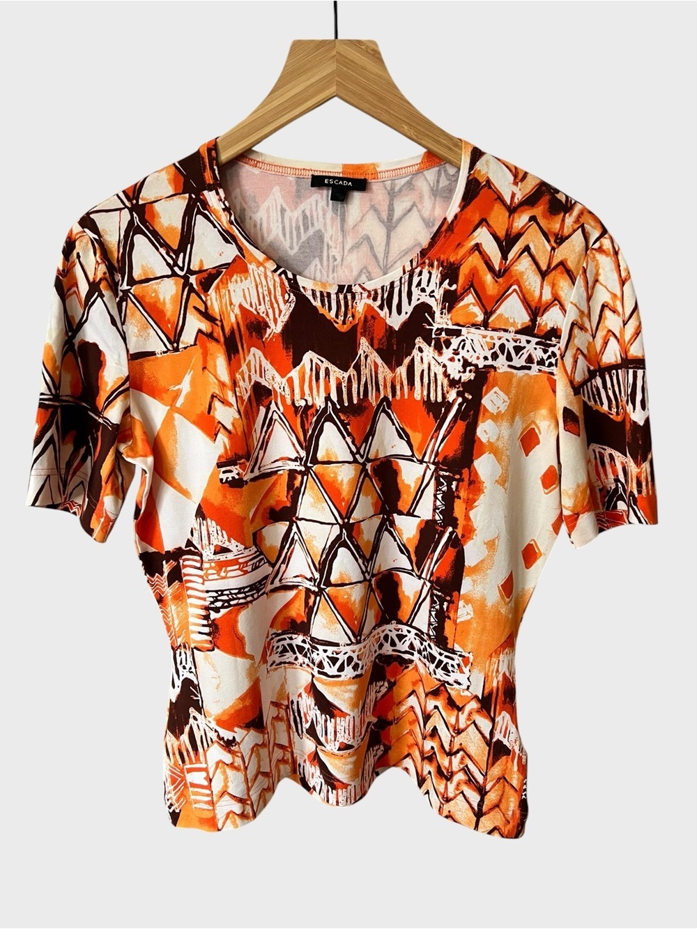 Escada Multicolor Orange & Brown Abstract Short Sleeve Top